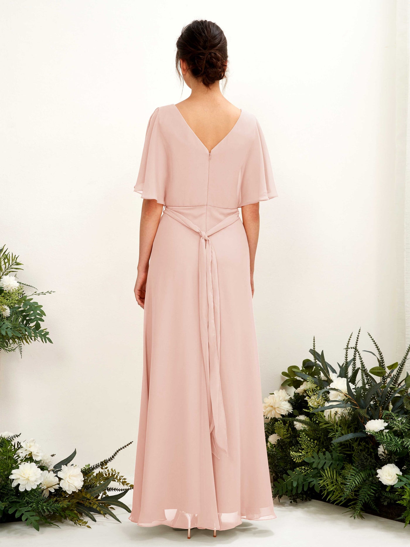 Carlyna Vestido Línea A Escote en V Manga Capa Hasta el suelo Dama de honor Rosa Perla #color_rosa-perla