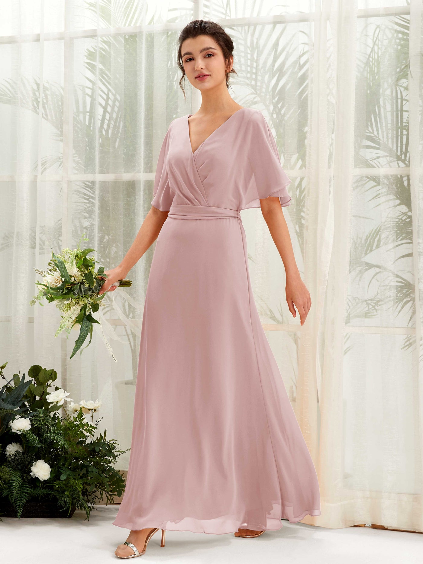 Carlyna Vestido Línea A Escote en V Manga Capa Hasta el suelo Dama de honor Rosa Polvorienta #color_rosa-polvorienta