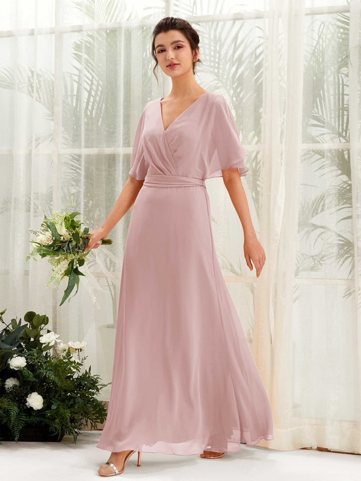Carlyna Vestido Línea A Escote en V Manga Capa Hasta el suelo Dama de honor Rosa Polvorienta 