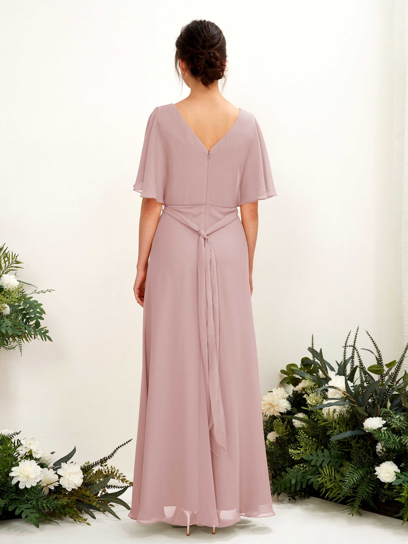 Carlyna Vestido Línea A Escote en V Manga Capa Hasta el suelo Dama de honor Rosa Polvorienta #color_rosa-polvorienta