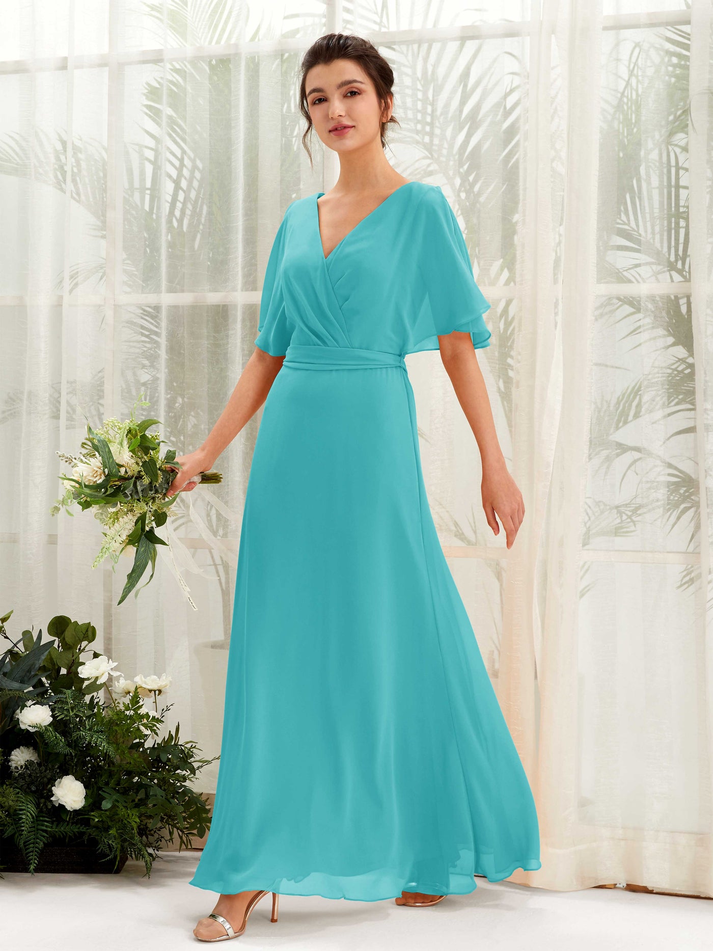 Carlyna Vestido Línea A Escote en V Manga Capa Hasta el suelo Dama de honor Turquesa #color_turquesa