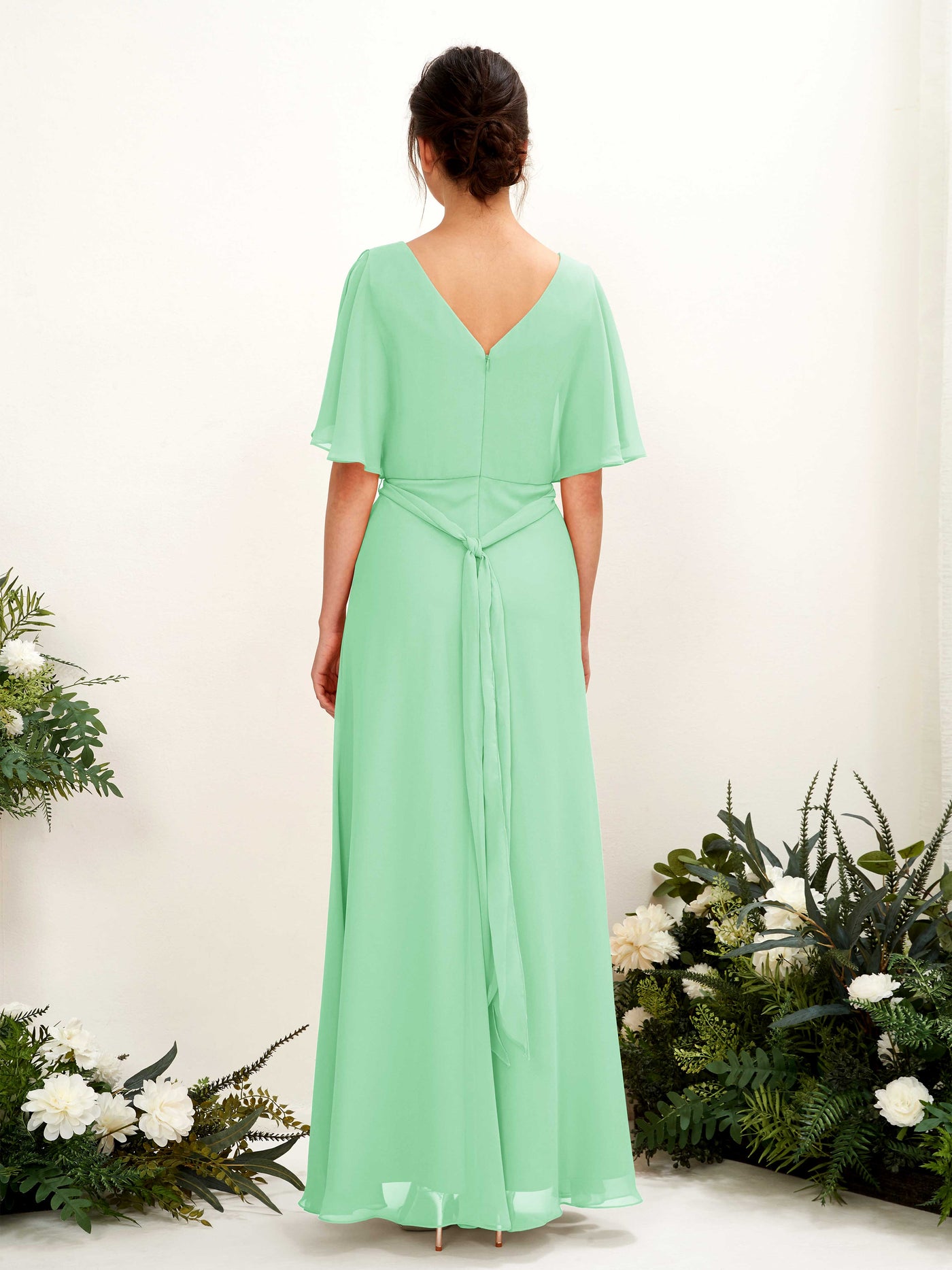 Carlyna Vestido Línea A Escote en V Manga Capa Hasta el suelo Dama de honor Verde Menta #color_verde-menta