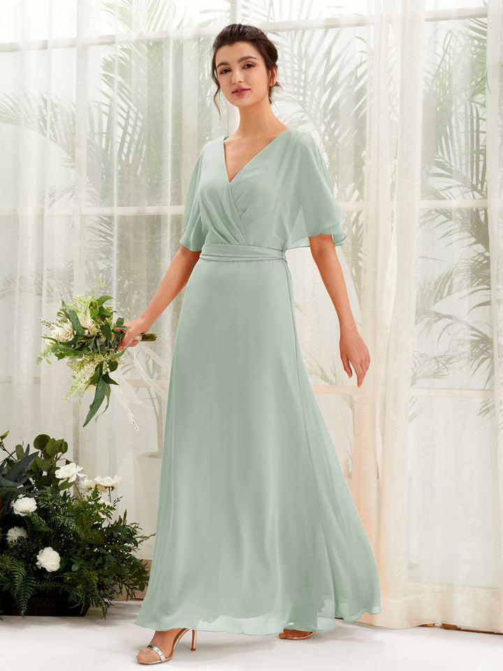 Carlyna Vestido Línea A Escote en V Manga Capa Hasta el suelo Dama de honor Verde Salvia 