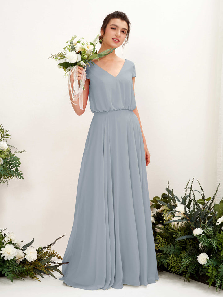 Carlyna Vestido Línea A escote en V manga casquillo hasta el suelo dama de honor Azul Empolvado Mejorado 