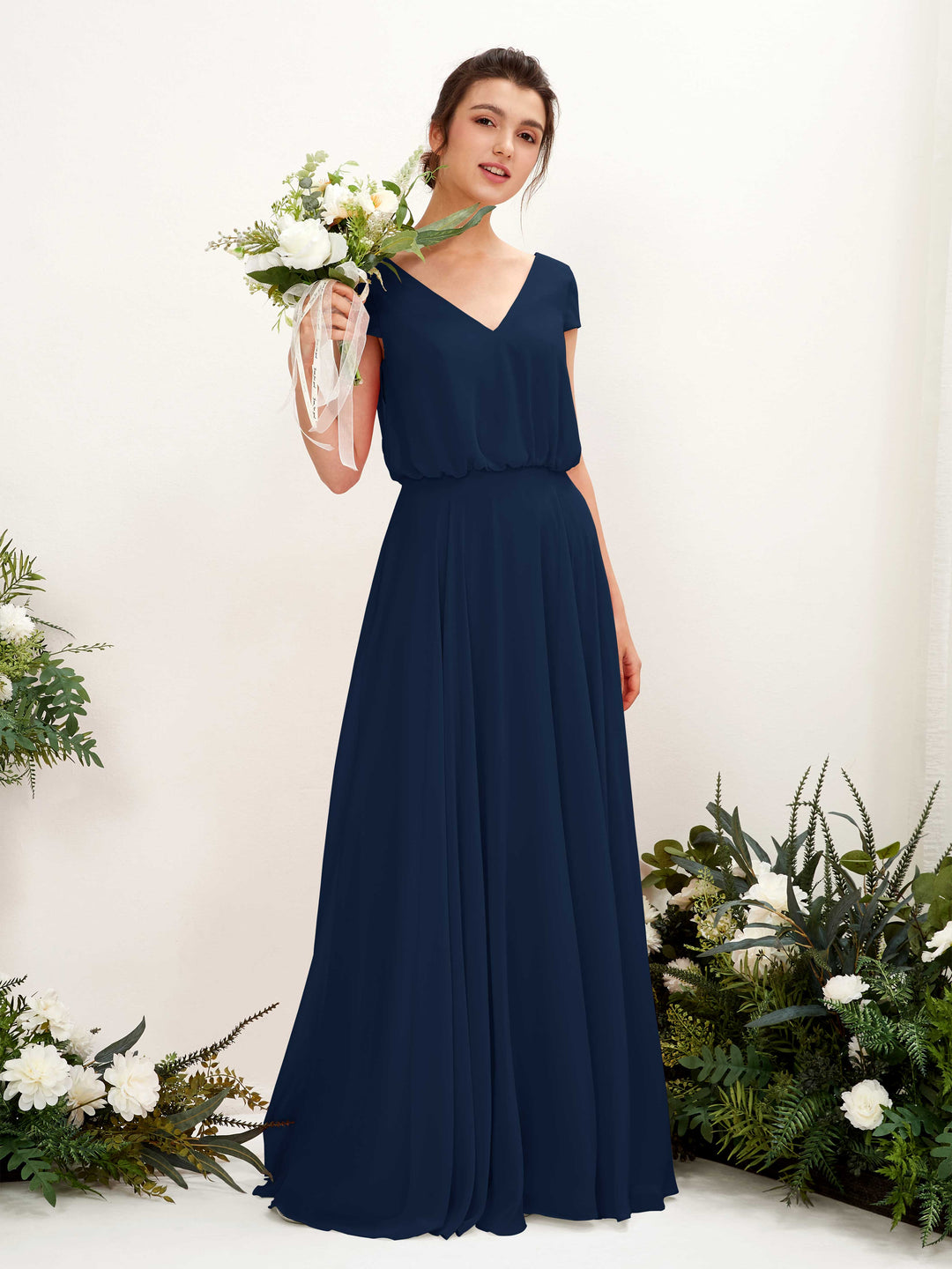 Carlyna Vestido Línea A escote en V manga casquillo hasta el suelo dama de honor Azul Marino 