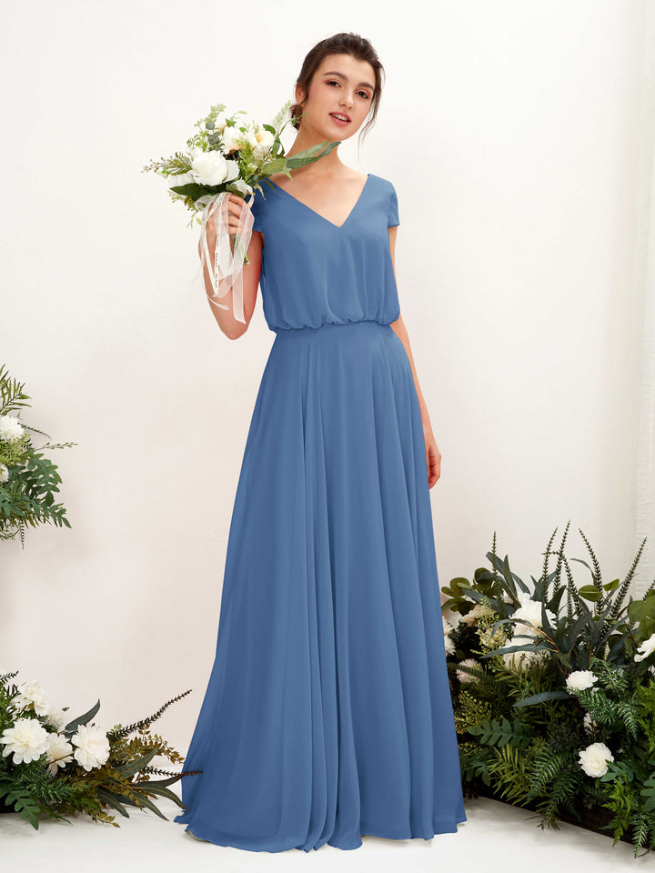 Carlyna Vestido Línea A escote en V manga casquillo hasta el suelo dama de honor Azul polvoriento 