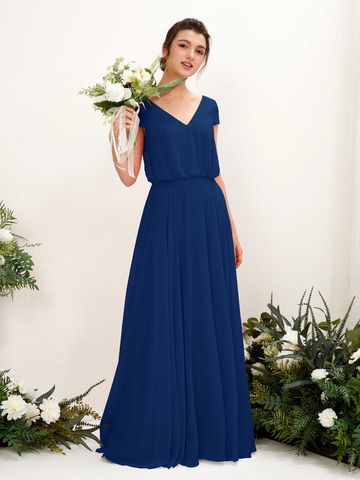 Carlyna Vestido Línea A escote en V manga casquillo hasta el suelo dama de honor Azul Real 