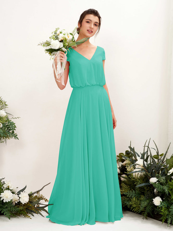 Carlyna Vestido Línea A escote en V manga casquillo hasta el suelo dama de honor Azul Tiffany 