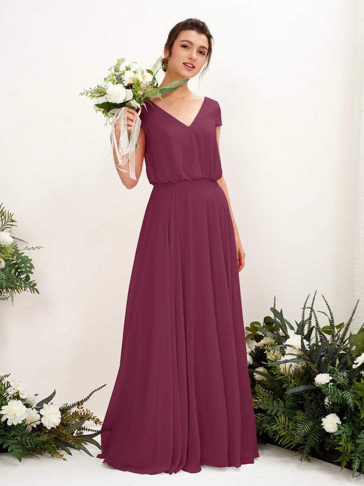 Carlyna Vestido Línea A escote en V manga casquillo hasta el suelo dama de honor Chianti 