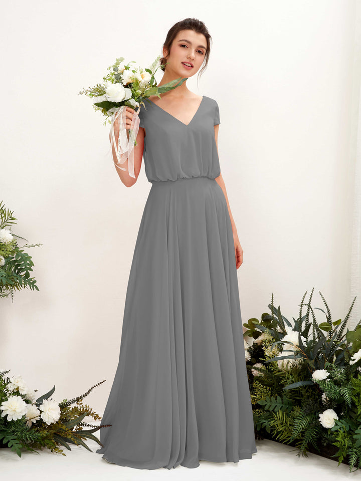 Carlyna Vestido Línea A escote en V manga casquillo hasta el suelo dama de honor Gris Acero 