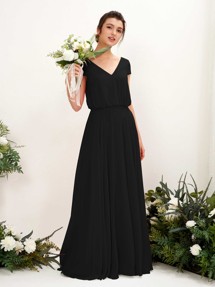 Carlyna Vestido Línea A escote en V manga casquillo hasta el suelo dama de honor Negro 