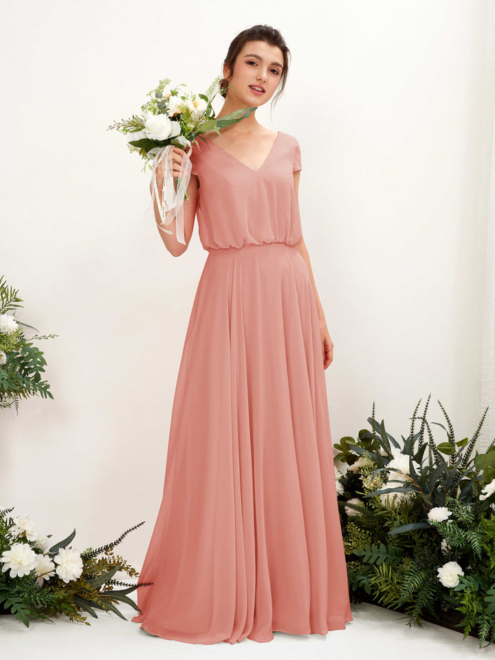 Carlyna Vestido Línea A escote en V manga casquillo hasta el suelo dama de honor Rosa Champán 