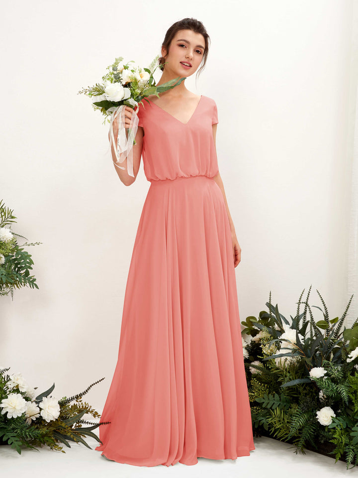 Carlyna Vestido Línea A escote en V manga casquillo hasta el suelo dama de honor Rosa Melocotón 
