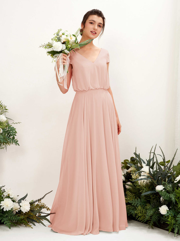Carlyna Vestido Línea A escote en V manga casquillo hasta el suelo dama de honor Rosa Perla 