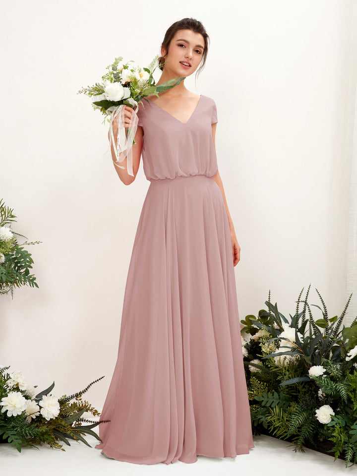 Carlyna Vestido Línea A escote en V manga casquillo hasta el suelo dama de honor Rosa Polvorienta 
