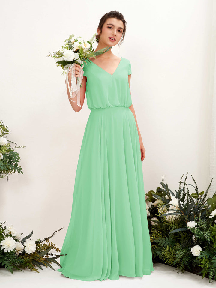 Carlyna Vestido Línea A escote en V manga casquillo hasta el suelo dama de honor Verde Menta 