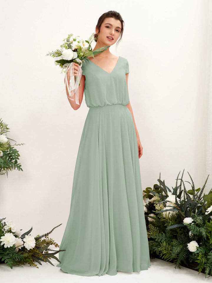 Carlyna Vestido Línea A escote en V manga casquillo hasta el suelo dama de honor Verde Salvia 