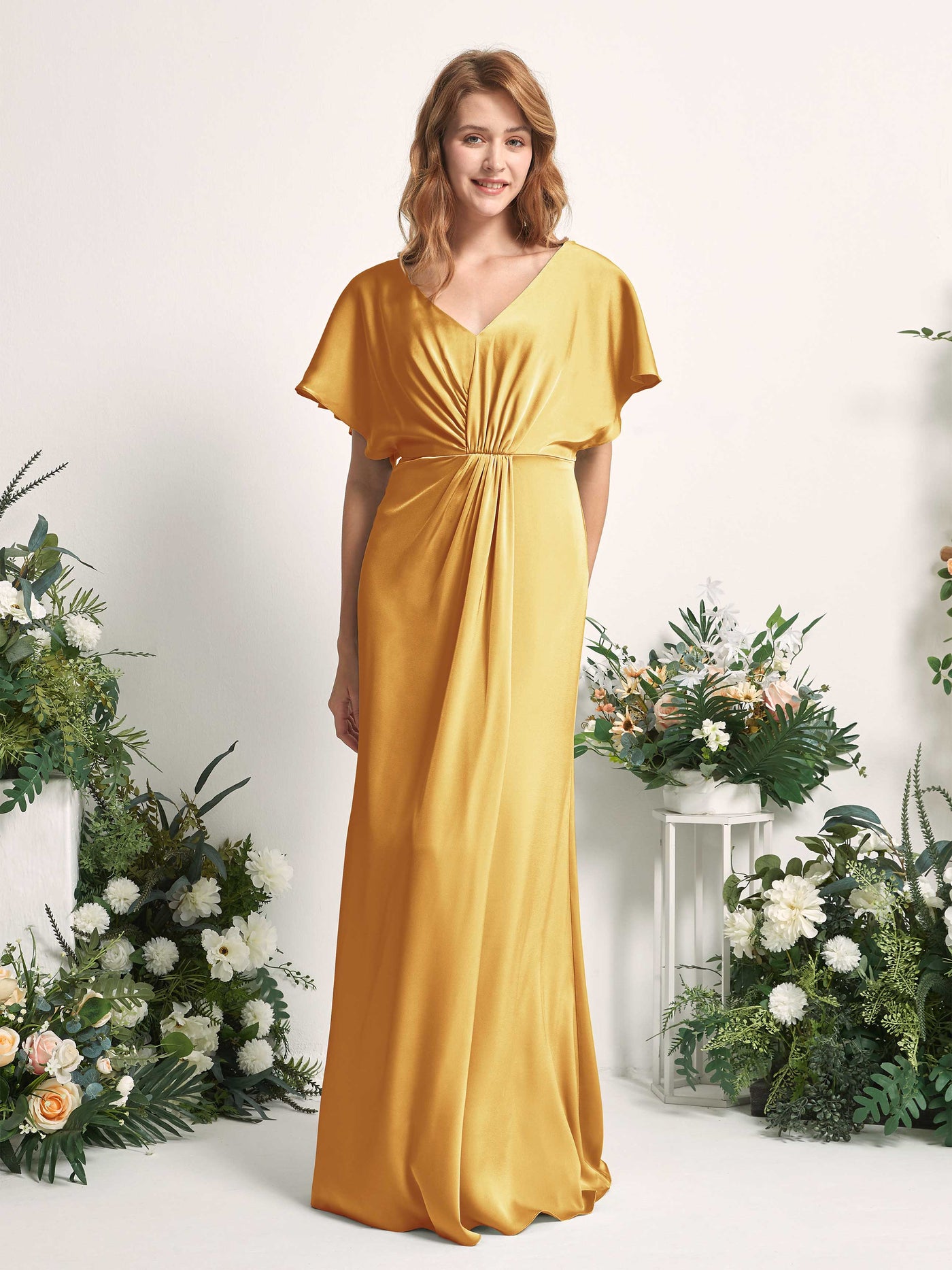 Carlyna Vestido línea A escote en V manga con vuelo hasta el suelo dama de honor Amarillo Canario #color_amarillo-canario