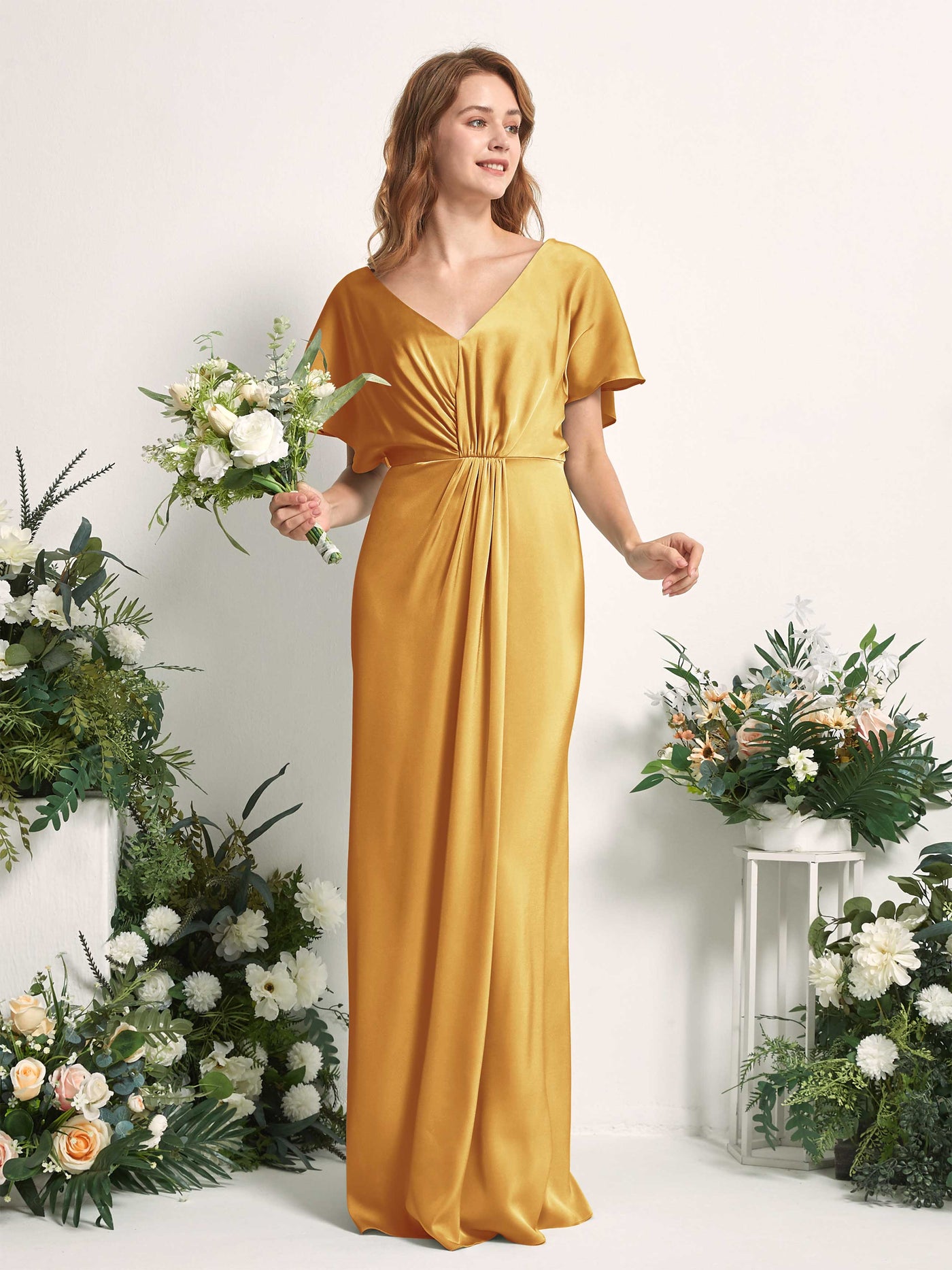 Carlyna Vestido línea A escote en V manga con vuelo hasta el suelo dama de honor Amarillo Canario #color_amarillo-canario