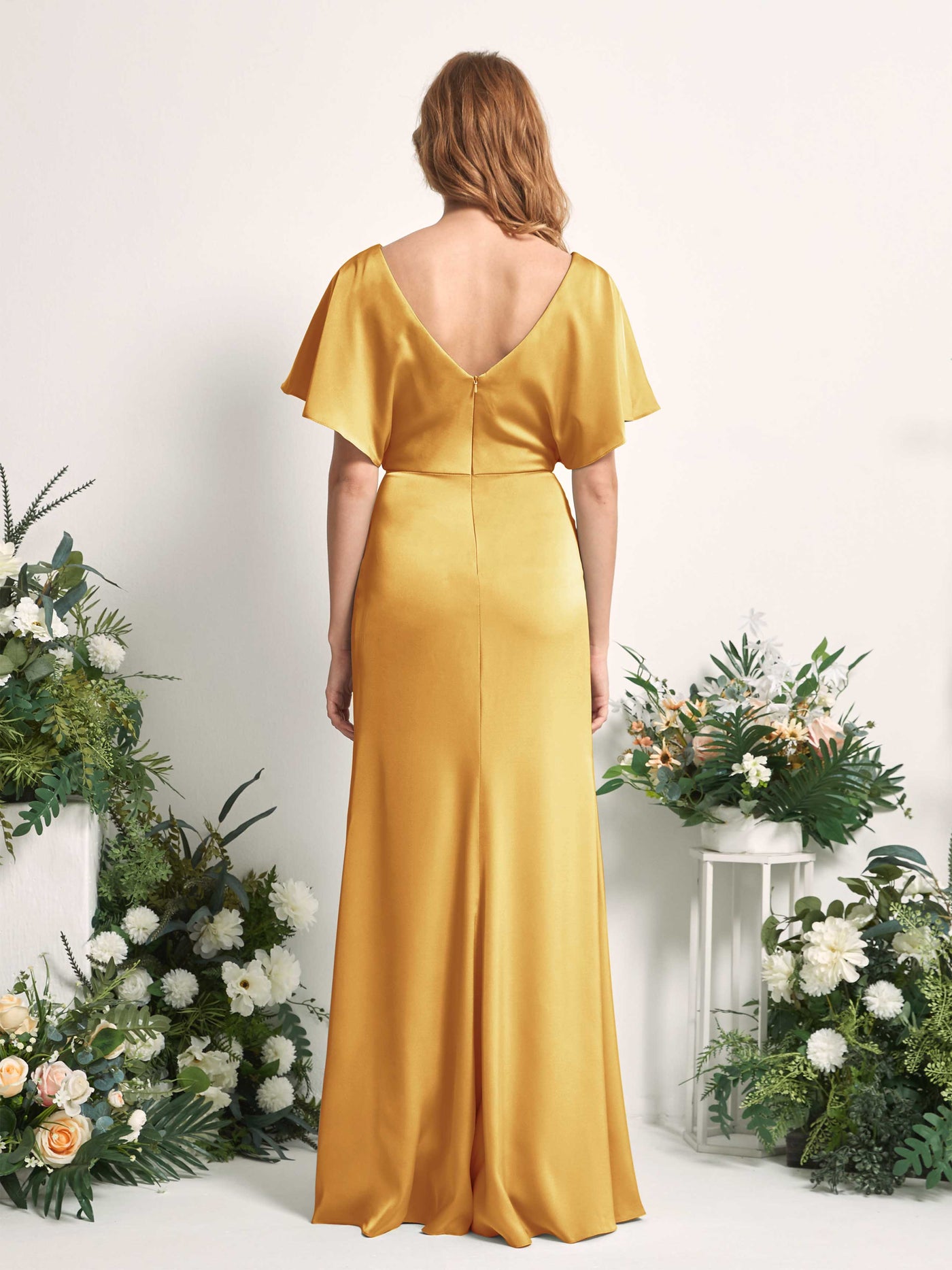 Carlyna Vestido línea A escote en V manga con vuelo hasta el suelo dama de honor Amarillo Canario #color_amarillo-canario