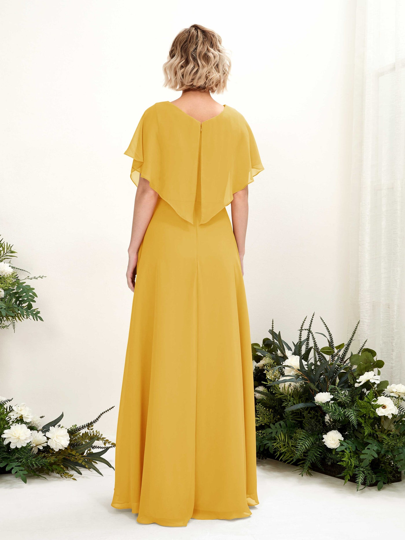 Carlyna Vestido Línea A Escote en V Manga con vuelo Hasta el suelo Dama de honor Amarillo Mostaza #color_amarillo-mostaza