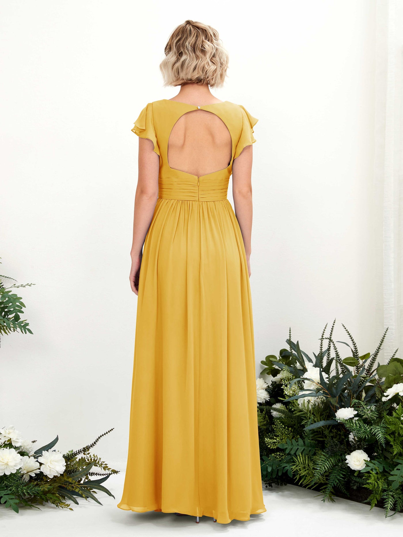 Carlyna Vestido Línea A Escote en V Manga con vuelo Hasta el suelo Dama de honor Amarillo Mostaza #color_amarillo-mostaza