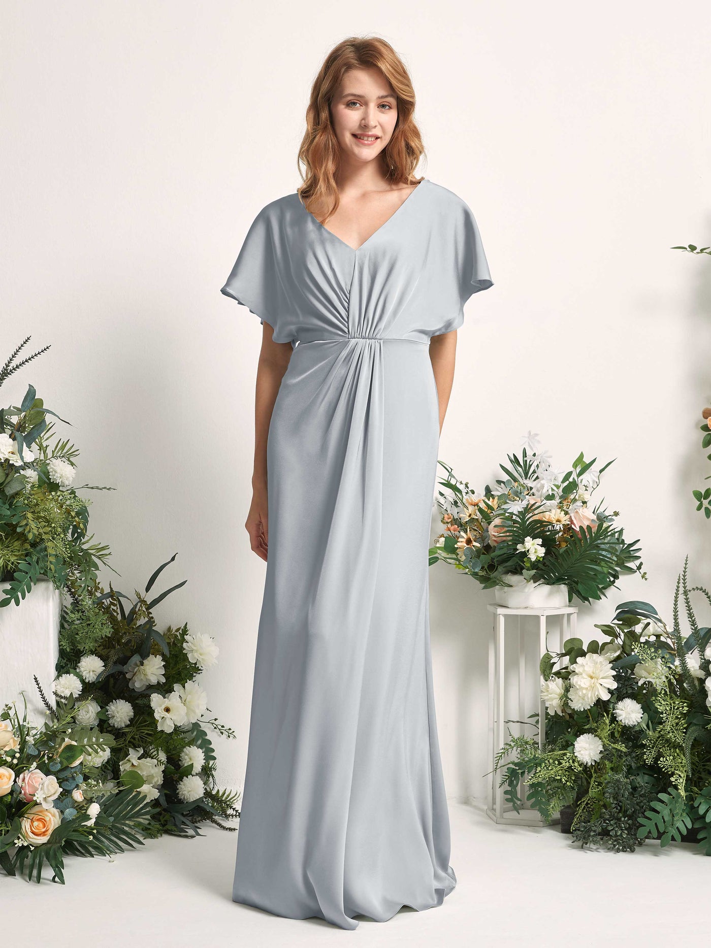 Carlyna Vestido línea A escote en V manga con vuelo hasta el suelo dama de honor Azul Bebé #color_azul-beb