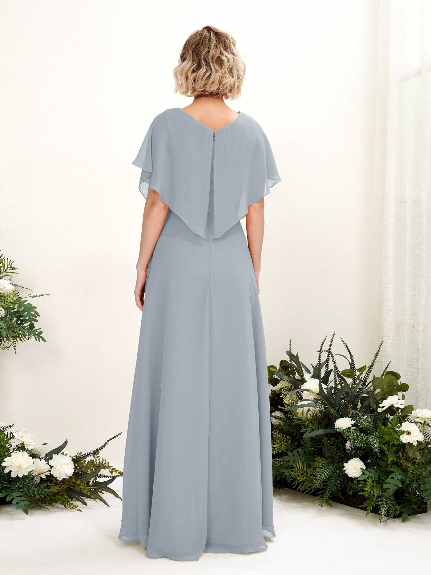 Carlyna Vestido Línea A Escote en V Manga con vuelo Hasta el suelo Dama de honor Azul Empolvado Mejorado #color_azul-empolvado-mejorado