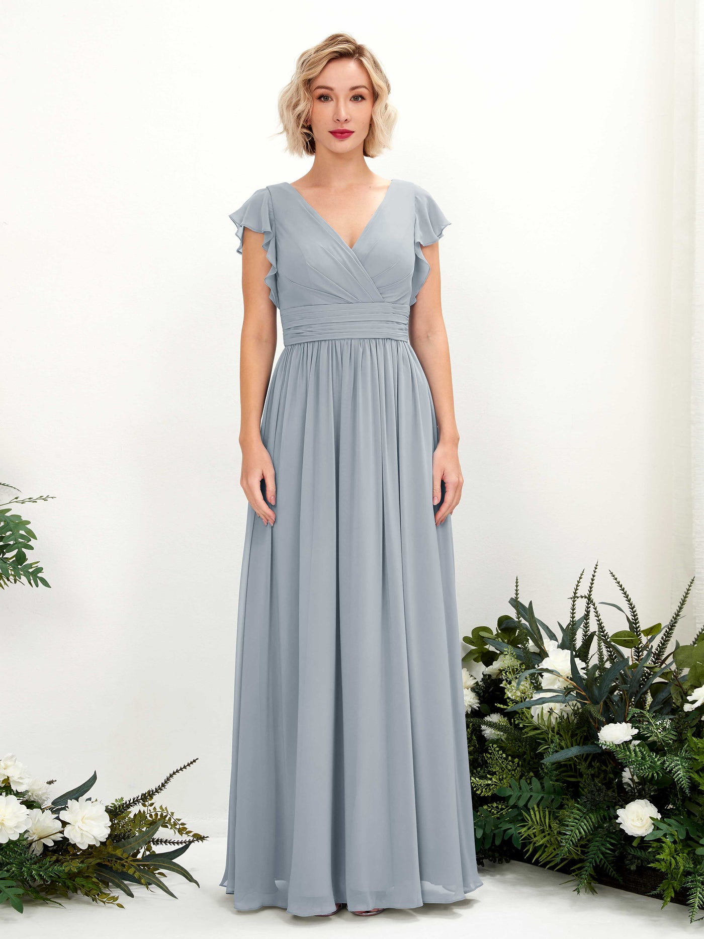 Carlyna Vestido Línea A Escote en V Manga con vuelo Hasta el suelo Dama de honor Azul Empolvado Mejorado #color_azul-empolvado-mejorado