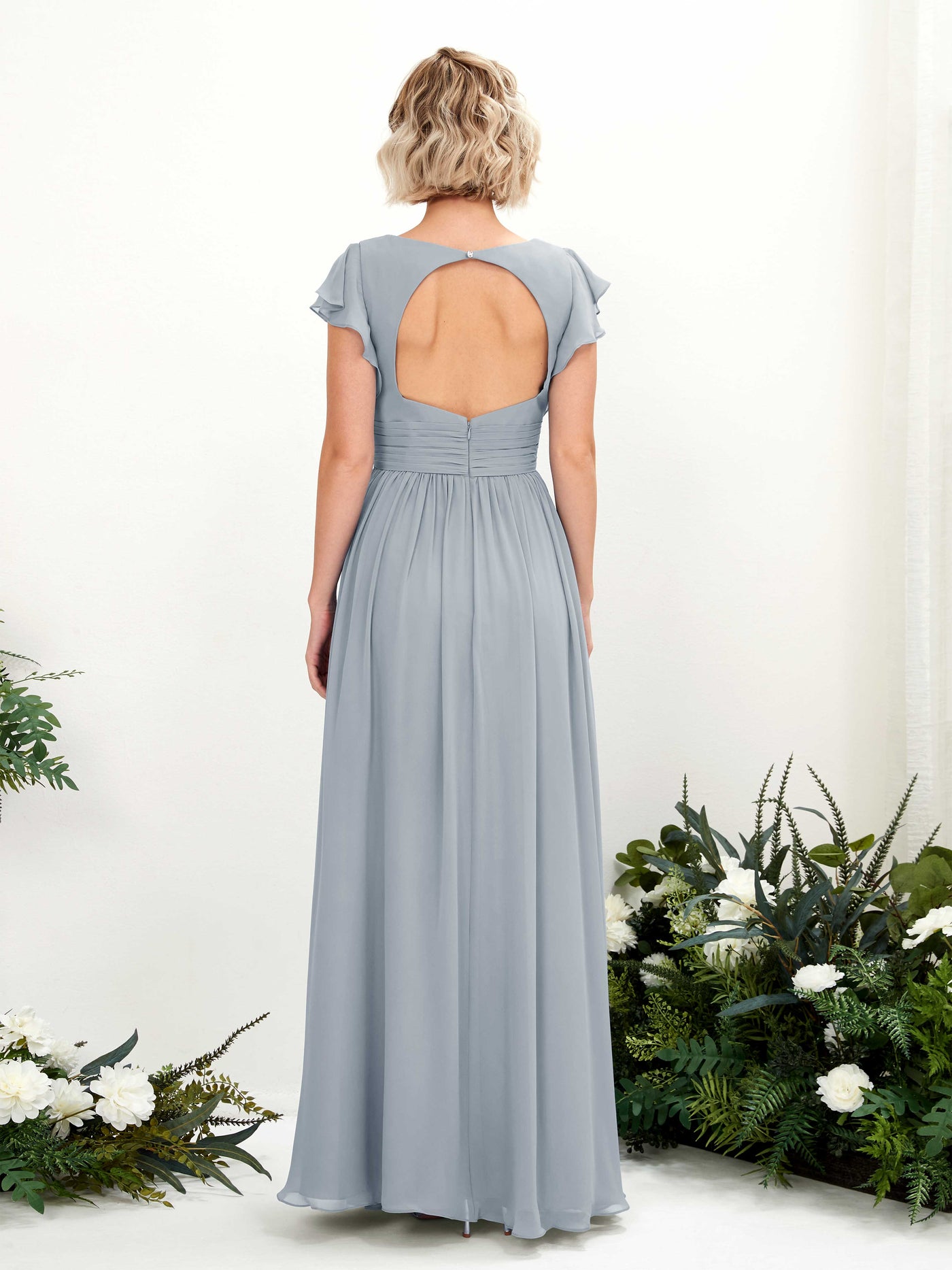 Carlyna Vestido Línea A Escote en V Manga con vuelo Hasta el suelo Dama de honor Azul Empolvado Mejorado #color_azul-empolvado-mejorado