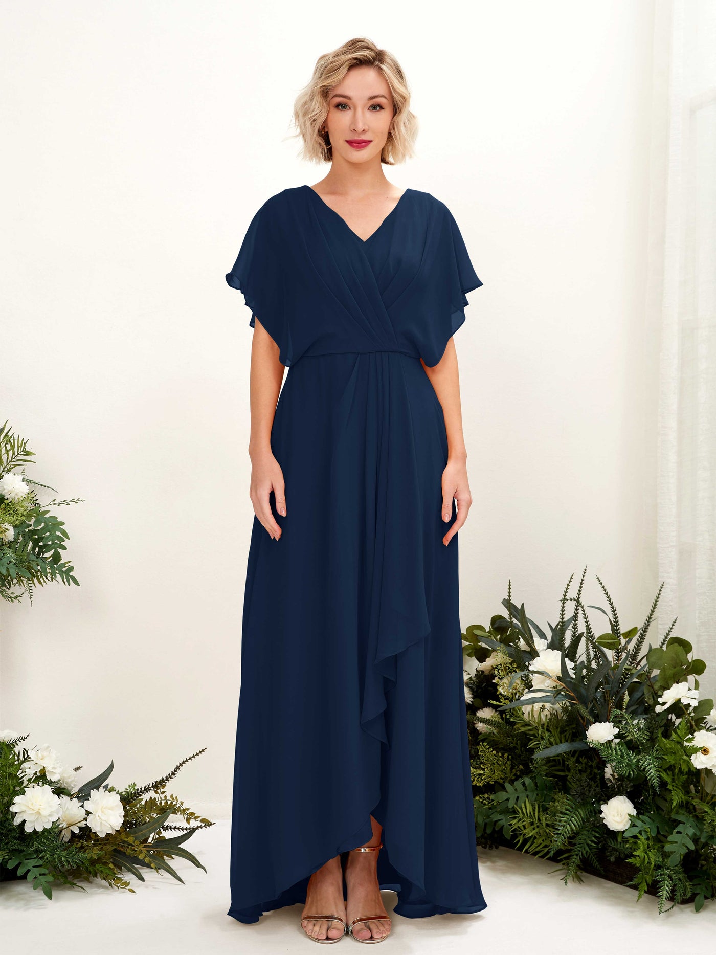 Carlyna Vestido Línea A Escote en V Manga con vuelo Hasta el suelo Dama de honor Azul Marino #color_azul-marino
