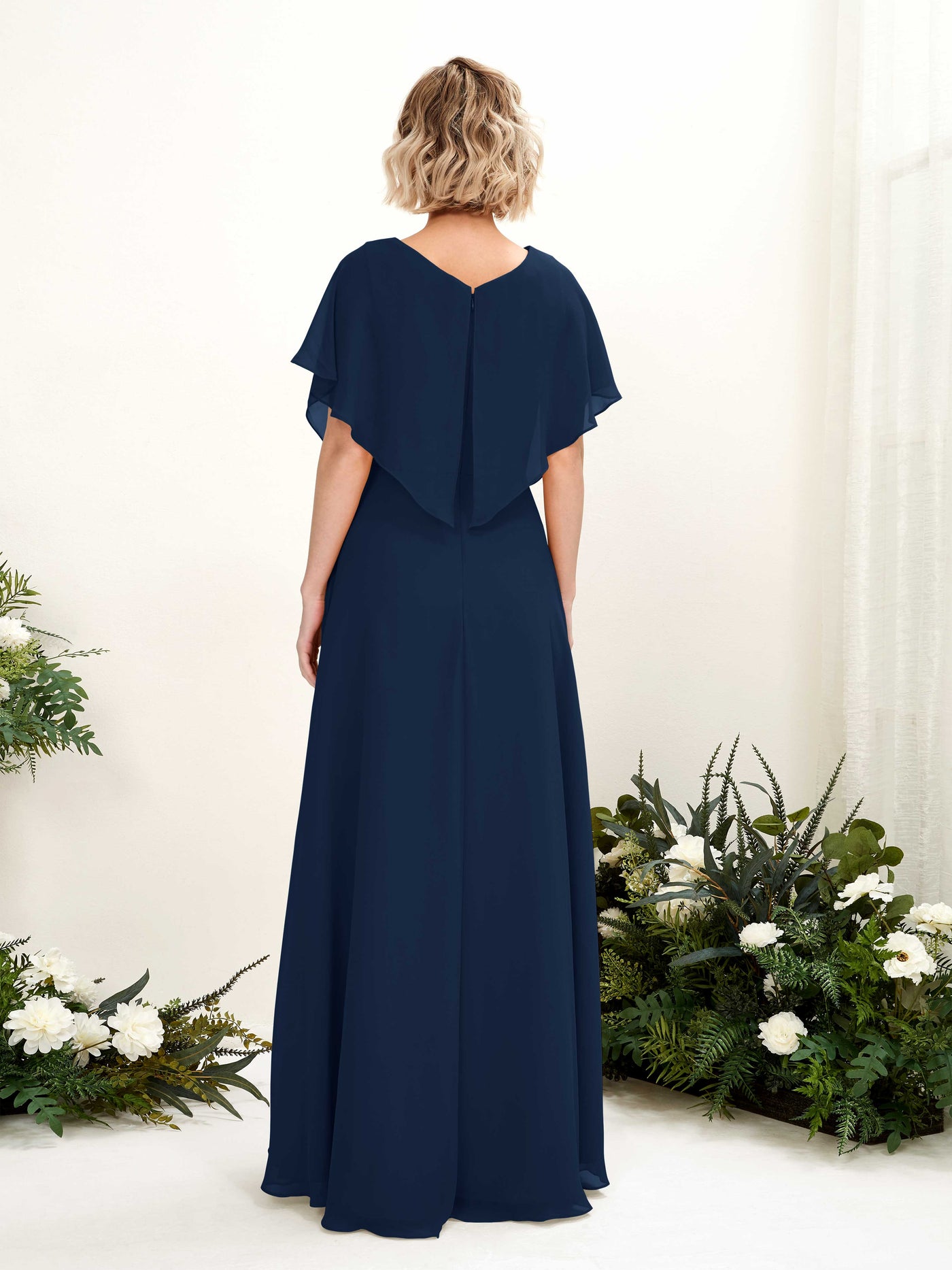Carlyna Vestido Línea A Escote en V Manga con vuelo Hasta el suelo Dama de honor Azul Marino #color_azul-marino
