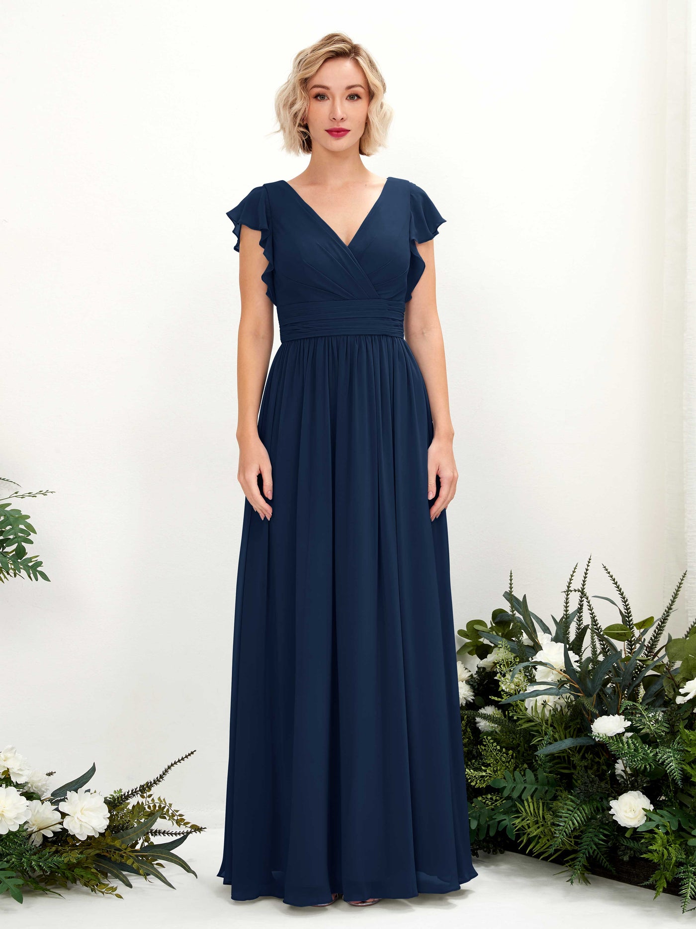 Carlyna Vestido Línea A Escote en V Manga con vuelo Hasta el suelo Dama de honor Azul Marino #color_azul-marino