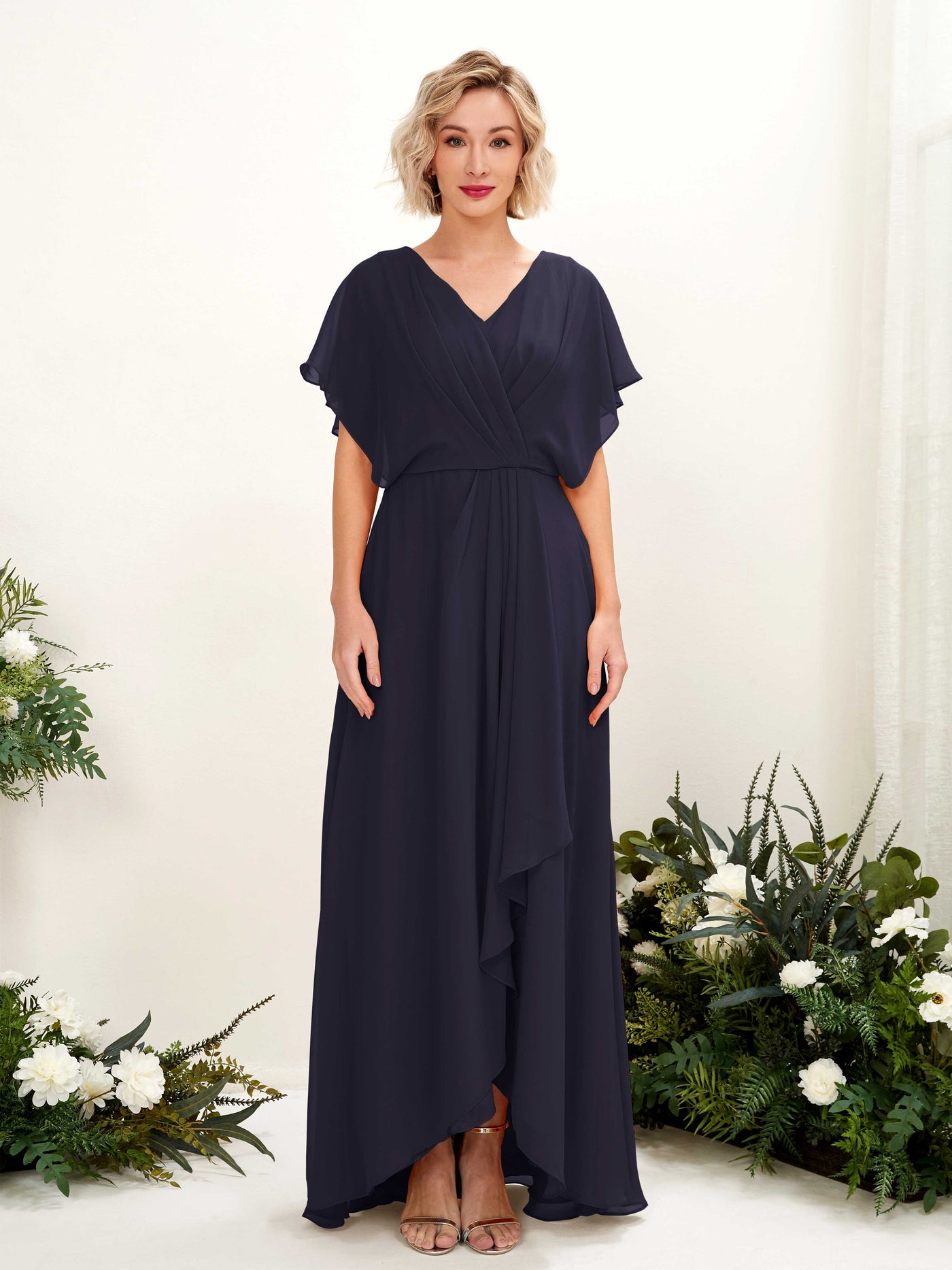 Carlyna Vestido Línea A Escote en V Manga con vuelo Hasta el suelo Dama de honor Azul Marino Oscuro #color_azul-marino-oscuro