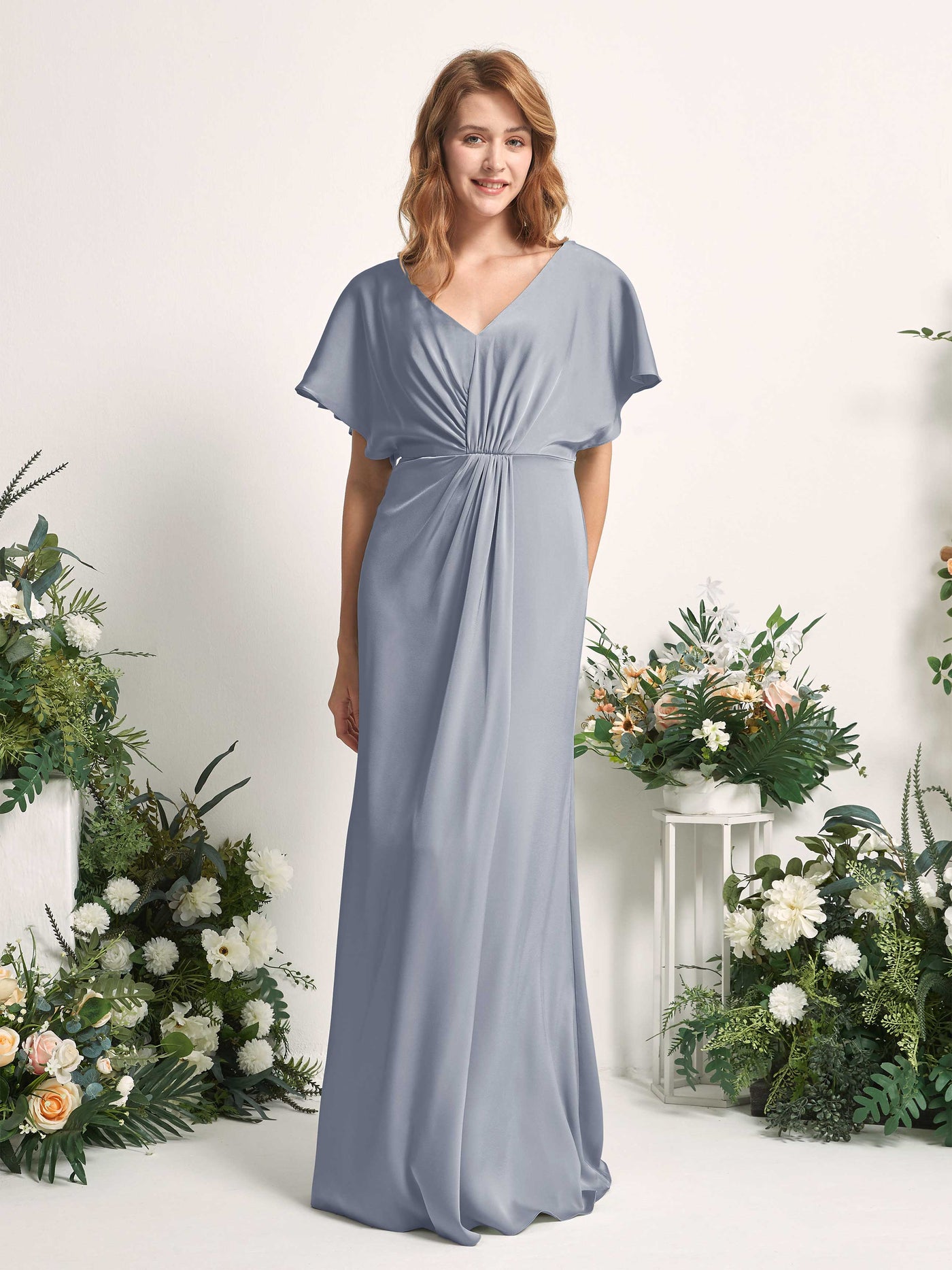 Carlyna Vestido línea A escote en V manga con vuelo hasta el suelo dama de honor Azul Polvoriento #color_azul-polvoriento