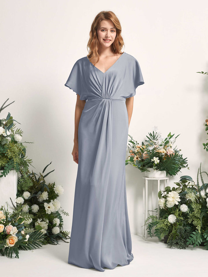 Carlyna Vestido línea A escote en V manga con vuelo hasta el suelo dama de honor Azul Polvoriento 