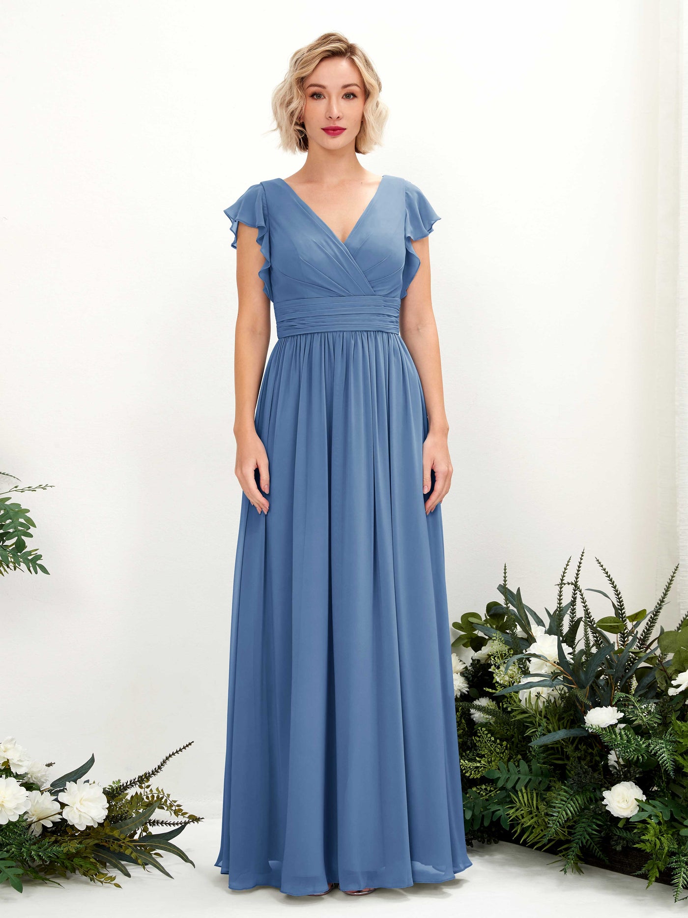 Carlyna Vestido Línea A Escote en V Manga con vuelo Hasta el suelo Dama de honor Azul polvoriento #color_azul-polvoriento