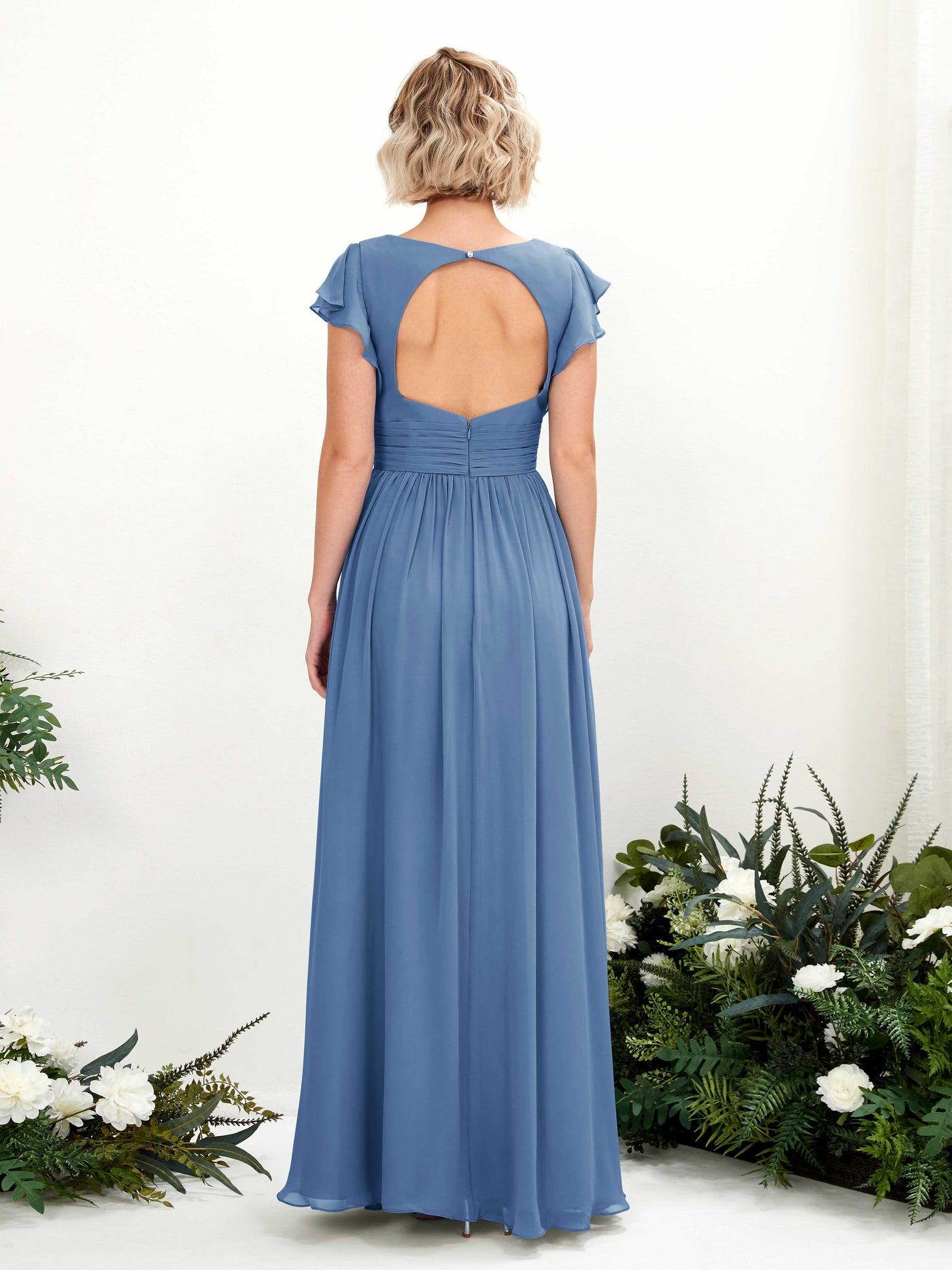 Carlyna Vestido Línea A Escote en V Manga con vuelo Hasta el suelo Dama de honor Azul polvoriento #color_azul-polvoriento