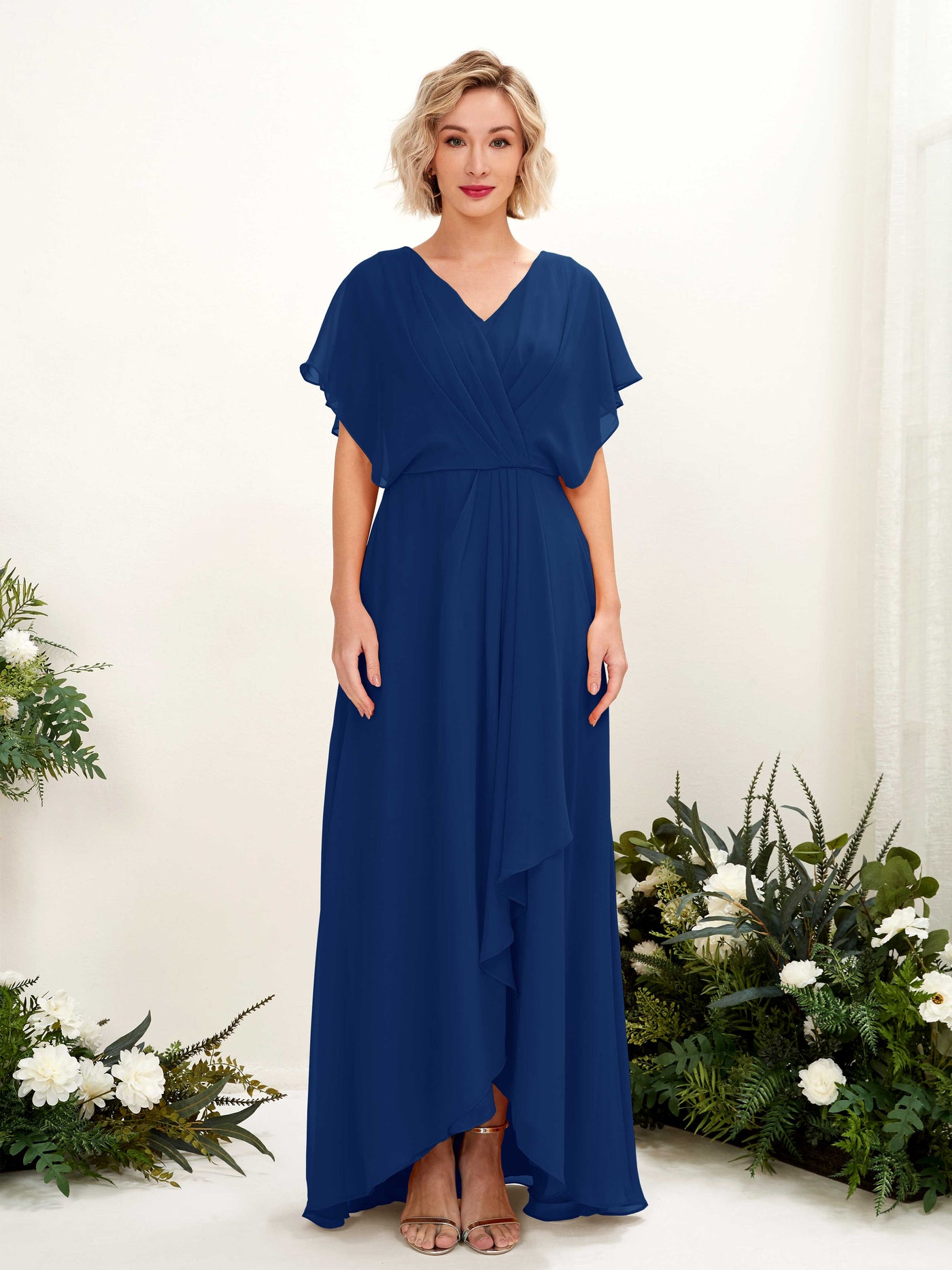Carlyna Vestido Línea A Escote en V Manga con vuelo Hasta el suelo Dama de honor Azul Real #color_azul-real