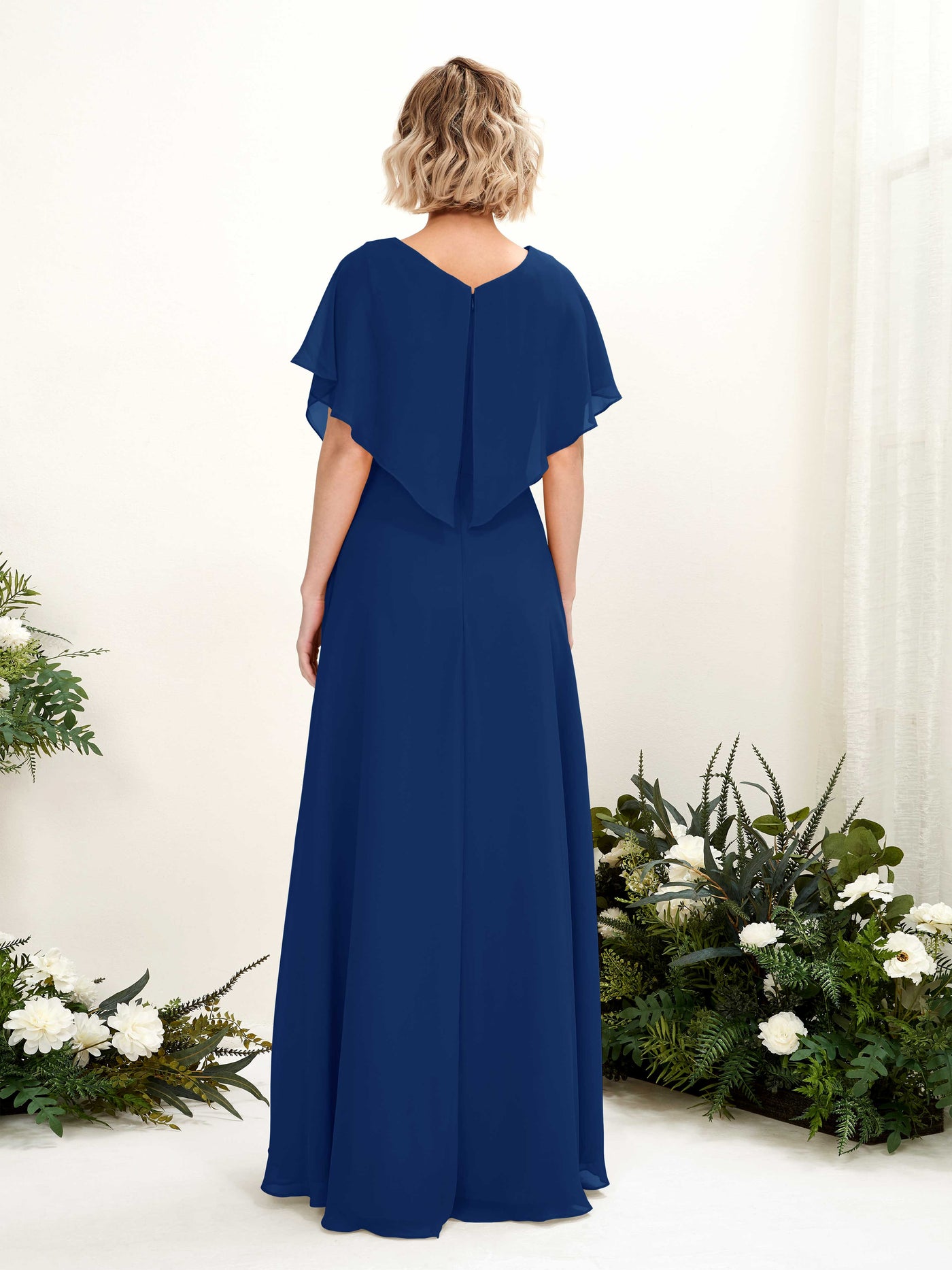 Carlyna Vestido Línea A Escote en V Manga con vuelo Hasta el suelo Dama de honor Azul Real #color_azul-real