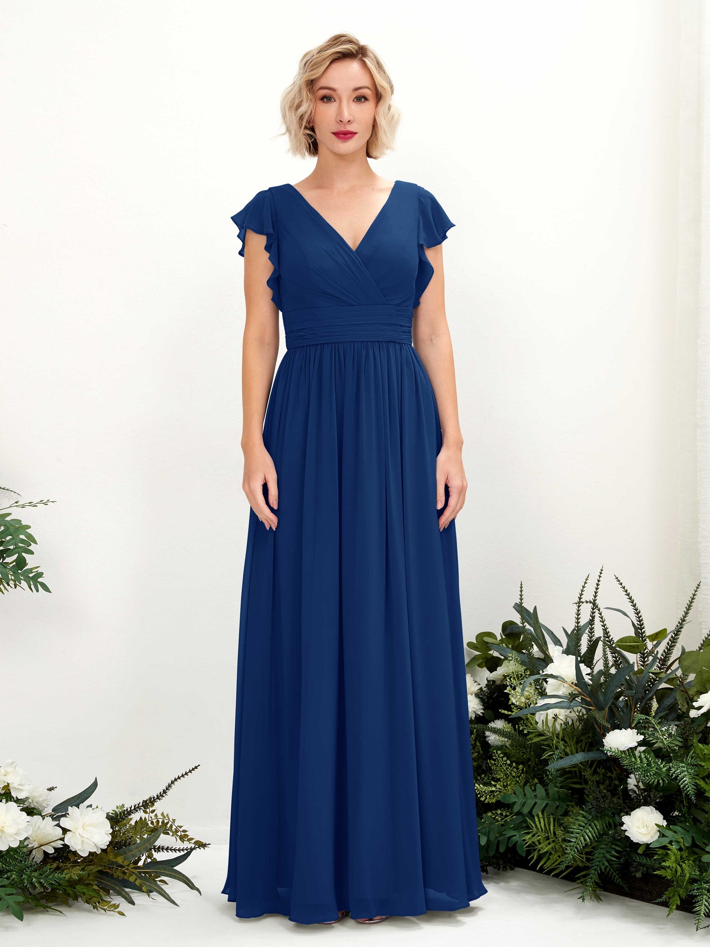 Carlyna Vestido Línea A Escote en V Manga con vuelo Hasta el suelo Dama de honor Azul Real #color_azul-real