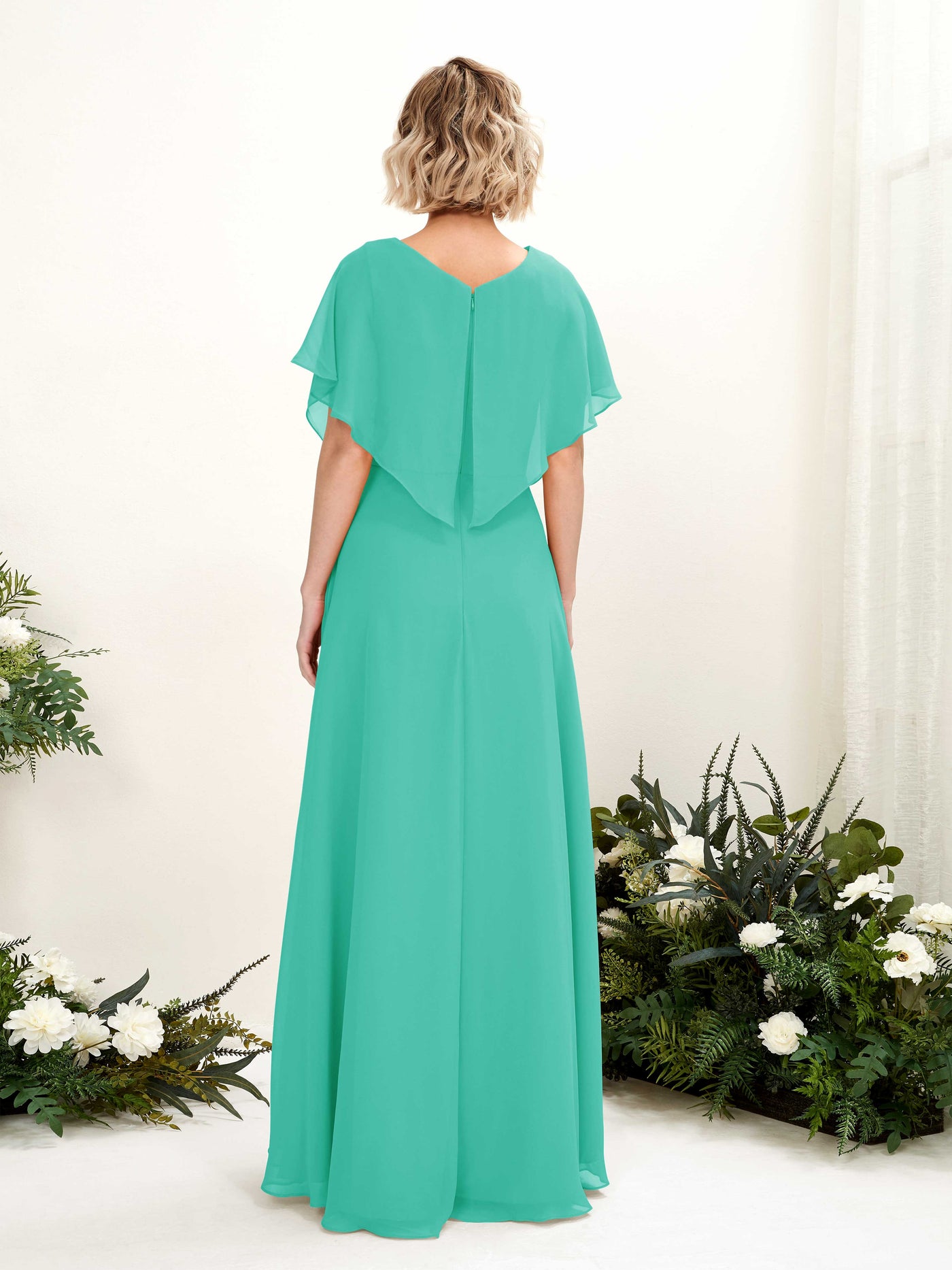 Carlyna Vestido Línea A Escote en V Manga con vuelo Hasta el suelo Dama de honor Azul Tiffany #color_azul-tiffany