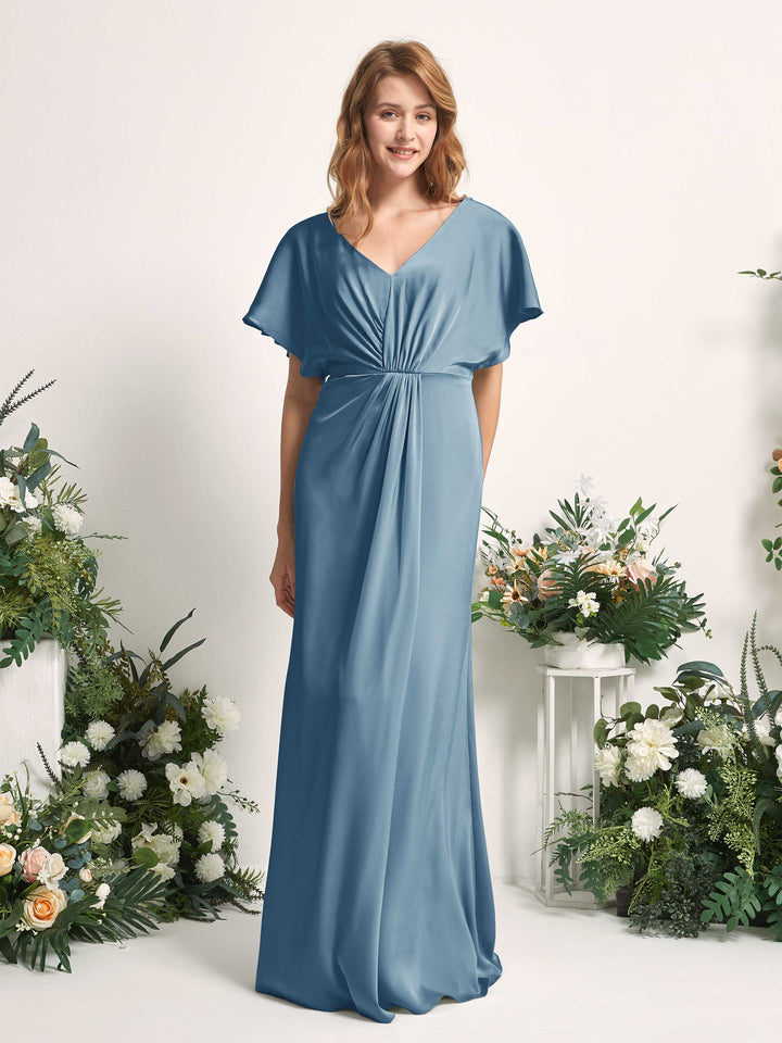 Carlyna Vestido línea A escote en V manga con vuelo hasta el suelo dama de honor Azul Tinta 