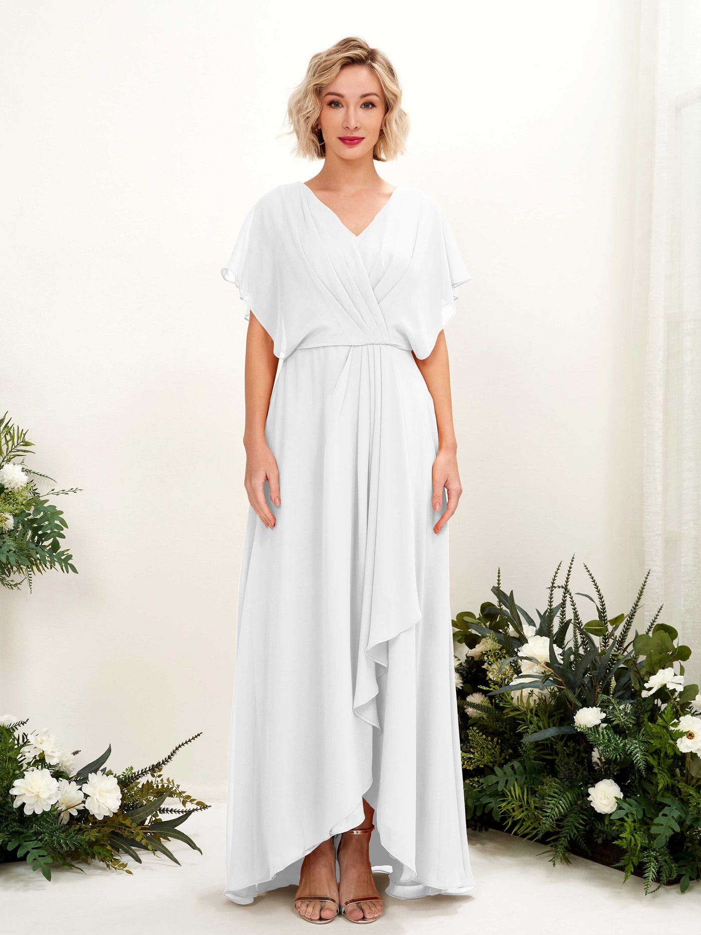 Carlyna Vestido Línea A Escote en V Manga con vuelo Hasta el suelo Dama de honor Blanco #color_blanco