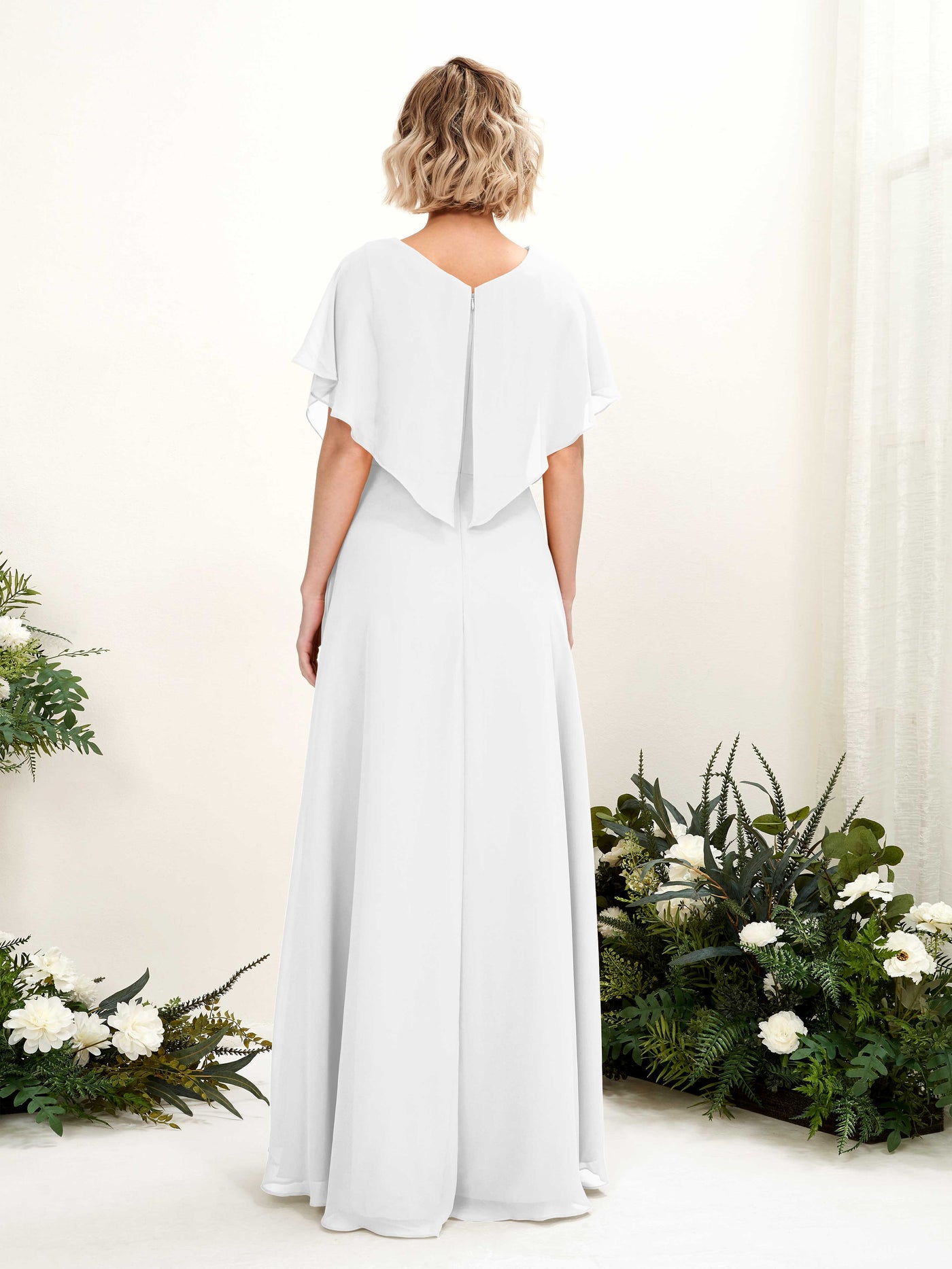 Carlyna Vestido Línea A Escote en V Manga con vuelo Hasta el suelo Dama de honor Blanco #color_blanco