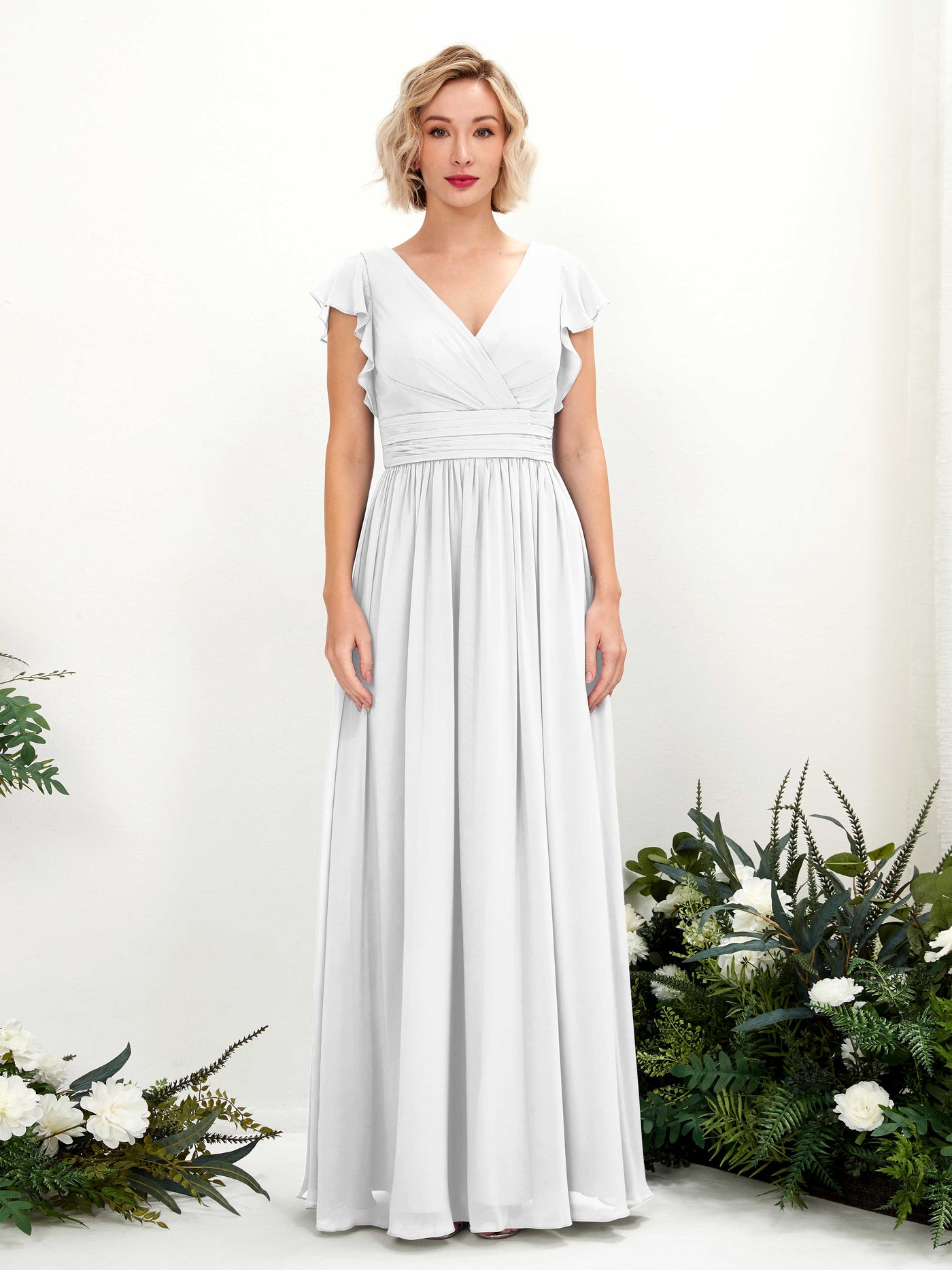 Carlyna Vestido Línea A Escote en V Manga con vuelo Hasta el suelo Dama de honor Blanco #color_blanco
