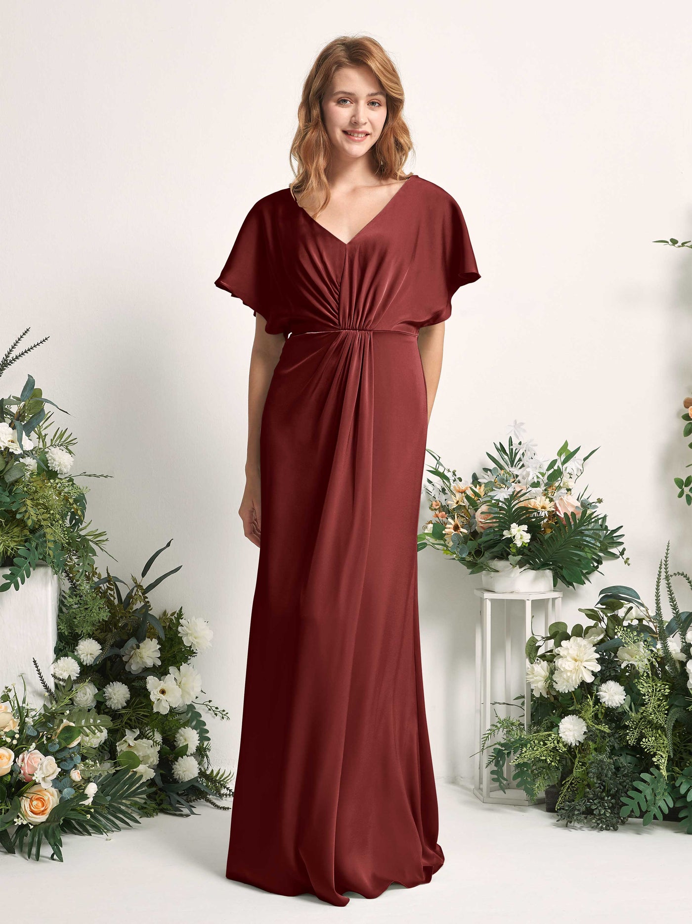 Carlyna Vestido línea A escote en V manga con vuelo hasta el suelo dama de honor Borgoña #color_borgo-a