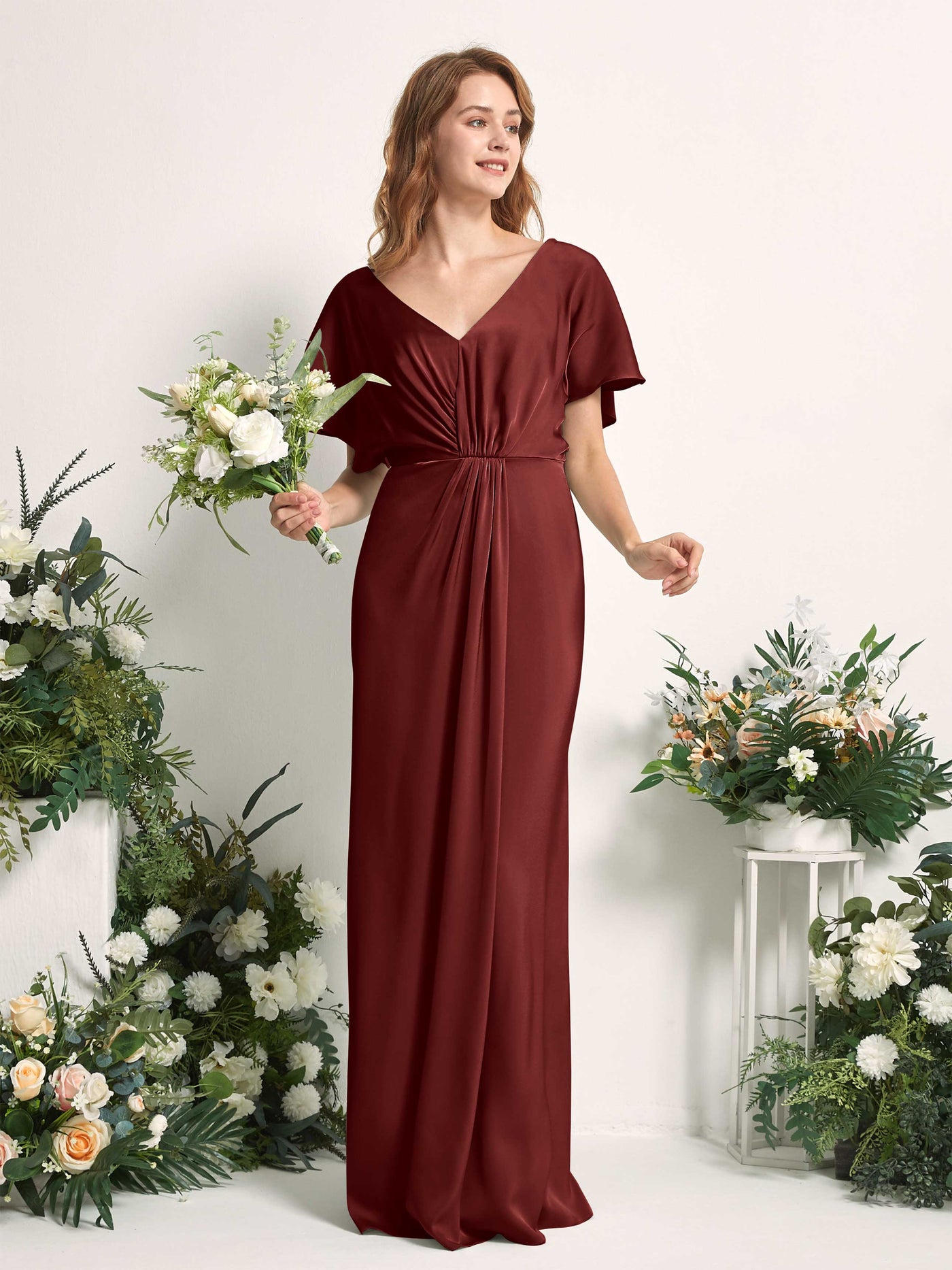Carlyna Vestido línea A escote en V manga con vuelo hasta el suelo dama de honor Borgoña #color_borgo-a