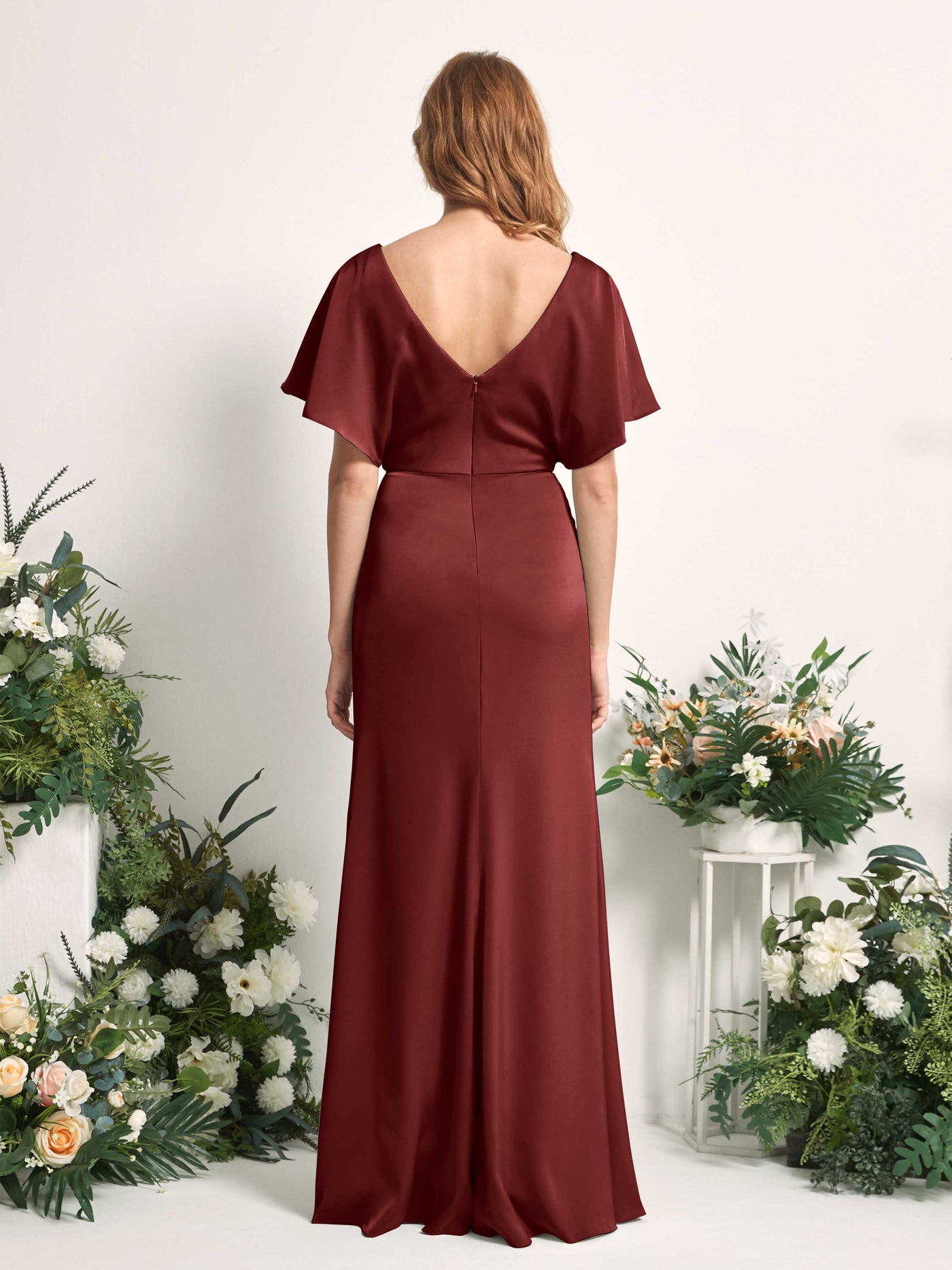 Carlyna Vestido línea A escote en V manga con vuelo hasta el suelo dama de honor Borgoña #color_borgo-a