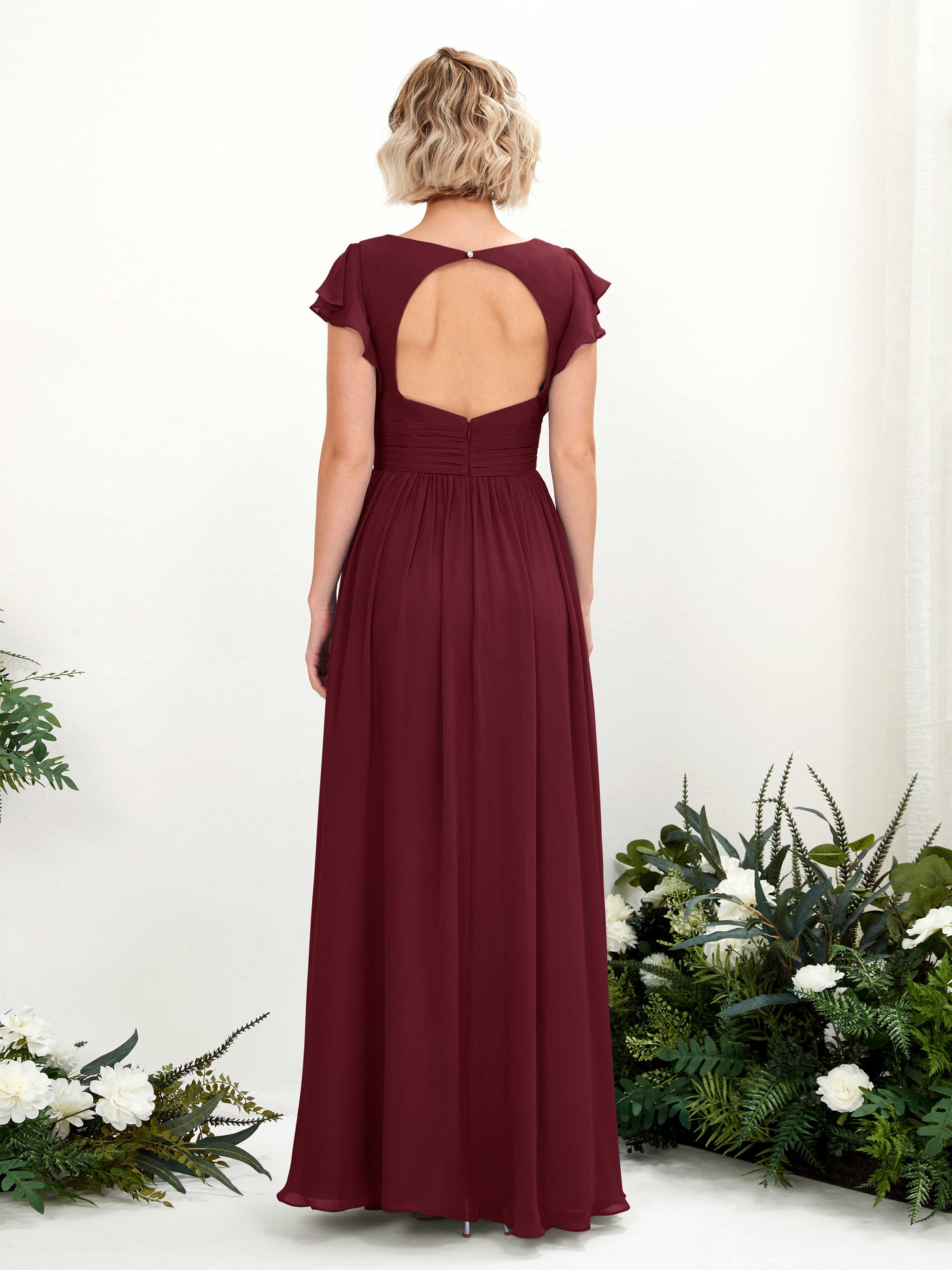 Carlyna Vestido Línea A Escote en V Manga con vuelo Hasta el suelo Dama de honor Borgoña #color_borgo-a